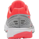 Rear view of a womens ASICS GT-1000 7 running shoe with a gray mesh body, dark gray accents, coral heel and collar, and white sole—ideal for road stability.