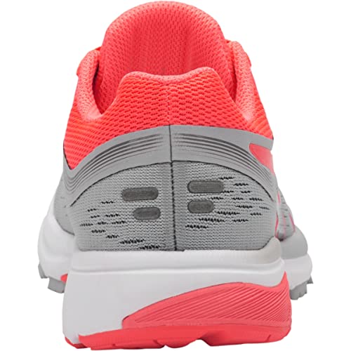 Rear view of a womens ASICS GT-1000 7 running shoe with a gray mesh body, dark gray accents, coral heel and collar, and white sole—ideal for road stability.