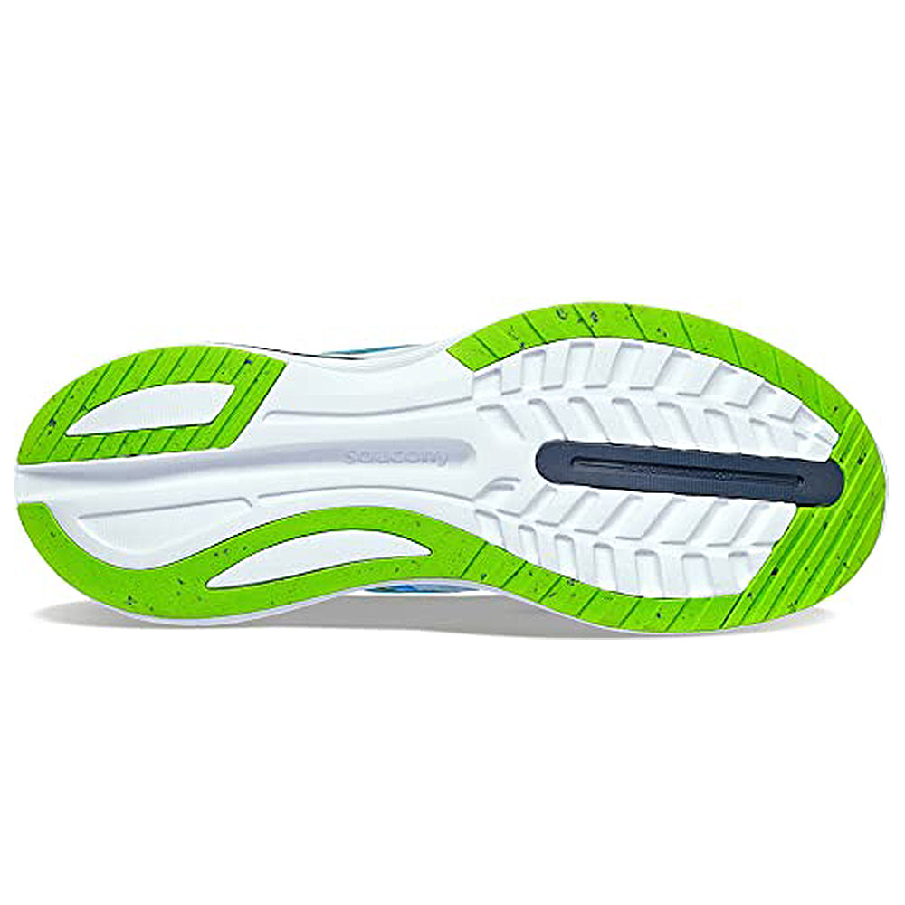 The image shows the sole of the Saucony Endorphin Shift 3 Running Shoe - Mens, with a tread pattern in white and navy blue plus bright green rubber accents. The PWRRUN foam logo and Saucony branding appear at the center.