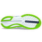 The image shows the sole of the Saucony Endorphin Shift 3 Running Shoe - Mens, with a tread pattern in white and navy blue plus bright green rubber accents. The PWRRUN foam logo and Saucony branding appear at the center.