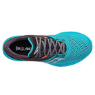 Top view of the Saucony Endorphin Shift 3 Running Shoe - Mens in turquoise, with gray/white laces, breathable mesh upper, orange accent by the tongue, PWRRUN foam cushioning, and an insole labeled SAUCONY and M FIT 8.