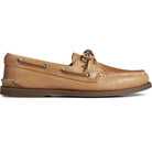 The Sperry A/O 2-EYE LEATHER - Mens is a tan leather boat shoe with white stitching, top lace tie, flat rubber sole, metal eyelets on the side, and classic side lace detail.