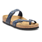 The Birkenstock Mayari Oiled Leather - Women is a single blue sandal featuring a contoured footbed, cork base, black rubber sole, and two adjustable straps—one over the foot and one around the big toe.