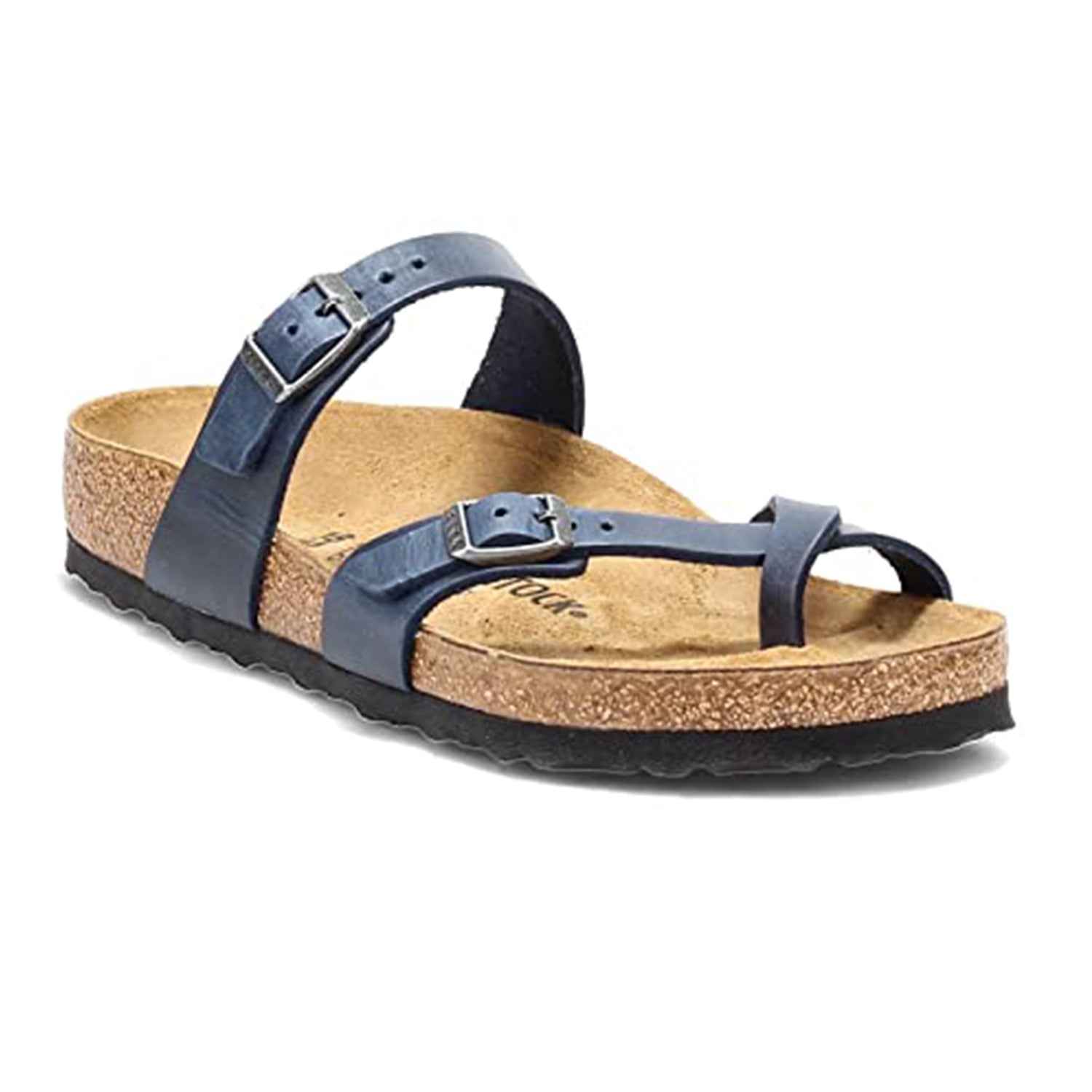 The Birkenstock Mayari Oiled Leather - Women is a single blue sandal featuring a contoured footbed, cork base, black rubber sole, and two adjustable straps—one over the foot and one around the big toe.