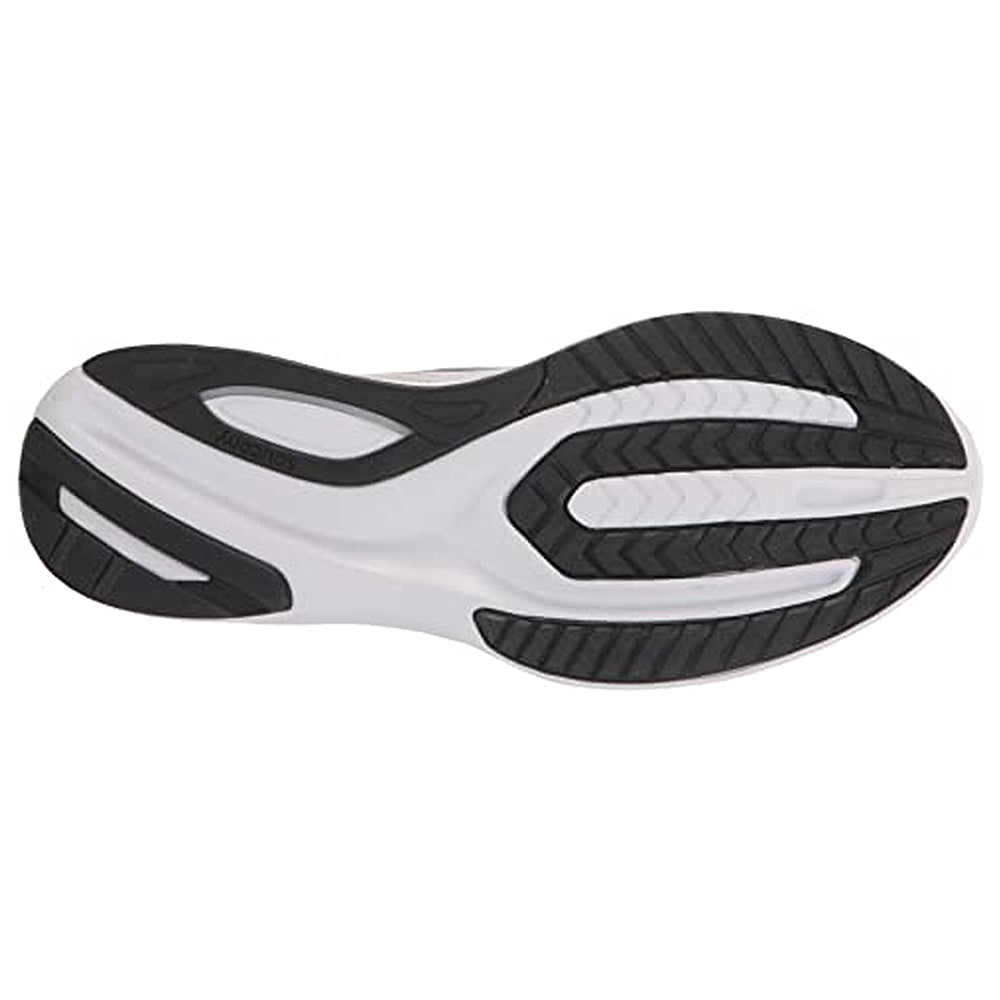 The image shows the sole of the Saucony Guide 16 - Men, a comfortable running shoe with a white base and black rubber traction patterns along the heel, toe, and outer edge, featuring grooves and textured sections for grip and support.