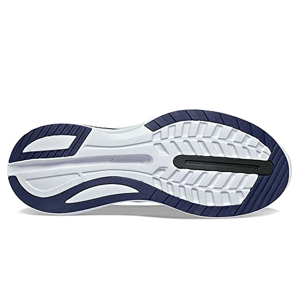 The image displays the sole of the Saucony Endorphin Shift 3 Running Shoe - Mens, featuring a white base, navy blue accents, a black central traction groove, varied tread for grip and support, and PWRRUN foam cushioning.