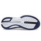 The image displays the sole of the Saucony Endorphin Shift 3 Running Shoe - Mens, featuring a white base, navy blue accents, a black central traction groove, varied tread for grip and support, and PWRRUN foam cushioning.