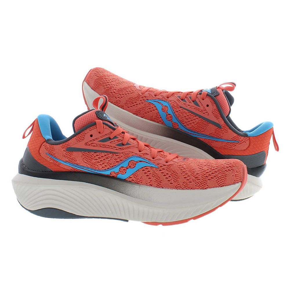 The Saucony Echelon 9 Running Shoe - Womens is shown in red with blue and black accents, a thick white sole, breathable mesh, seamless upper, and loop pull-tabs on heel and tongue. The shoes are set side by side with one slightly overlapping.