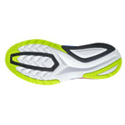 The image displays the sole of the Saucony Endorphin Speed 2 Running Shoe - Mens, featuring SPEEDROLL technology and a blend of white, black, and yellow-green rubber with textured patterns for improved grip.