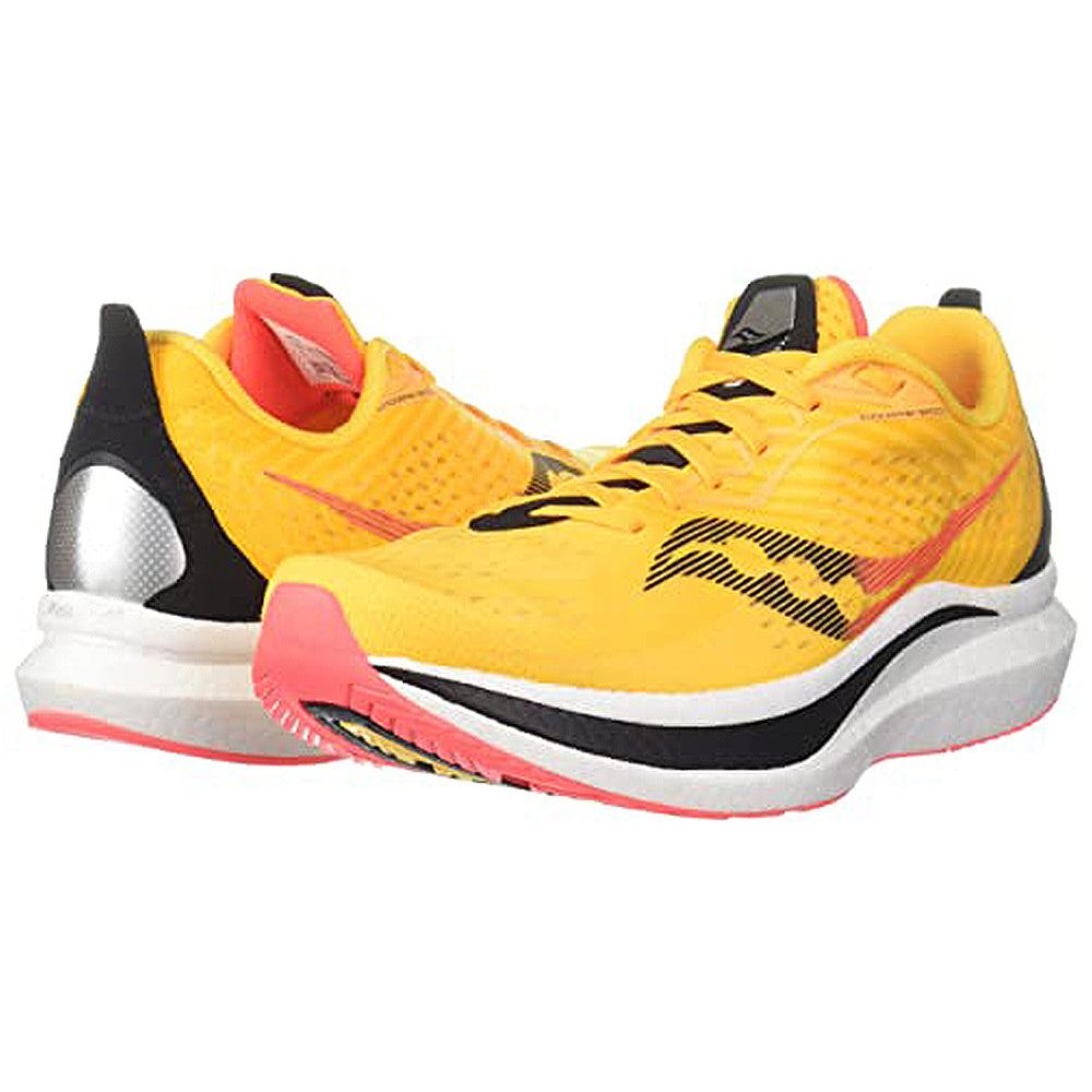 A pair of Saucony Endorphin Speed 2 Running Shoes for men, in bright yellow with black and orange accents, white SPEEDROLL midsoles, and pink-tinted outsoles, positioned to display both side and back views.