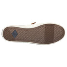 The image shows the sole of the Sperry Crest Vibe - Womens sneaker, featuring a brown, diamond-patterned tread with small triangular logos and a dark rectangular logo near the heel. The side of the sole is white.