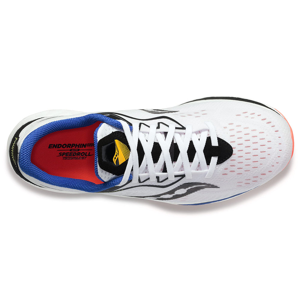 Top view of the Saucony Endorphin Speed 2 Running Shoe - Mens, showing black and blue accents, red insole with ENDORPHIN SPEEDROLL visible, black laces, and a breathable mesh upper that highlights its SPEEDROLL technology.