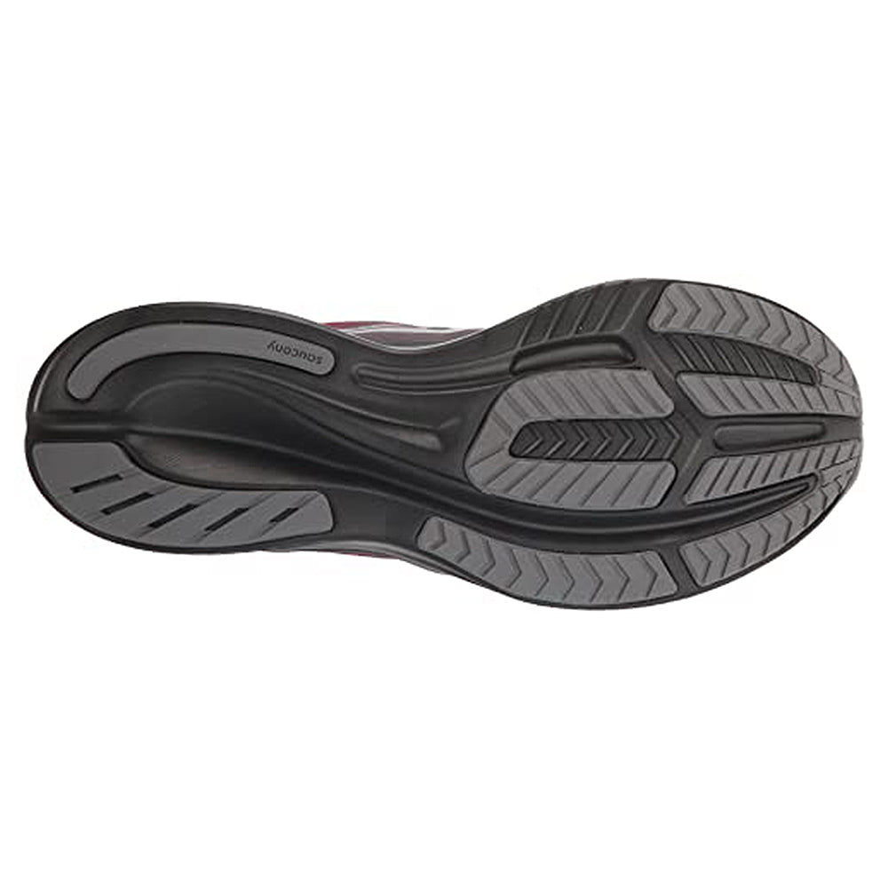 The image shows the sole of the Saucony Ride 15 - Men running shoe, made with black and gray rubber. It features patterned treads for traction and a slightly curved design for ergonomic support.