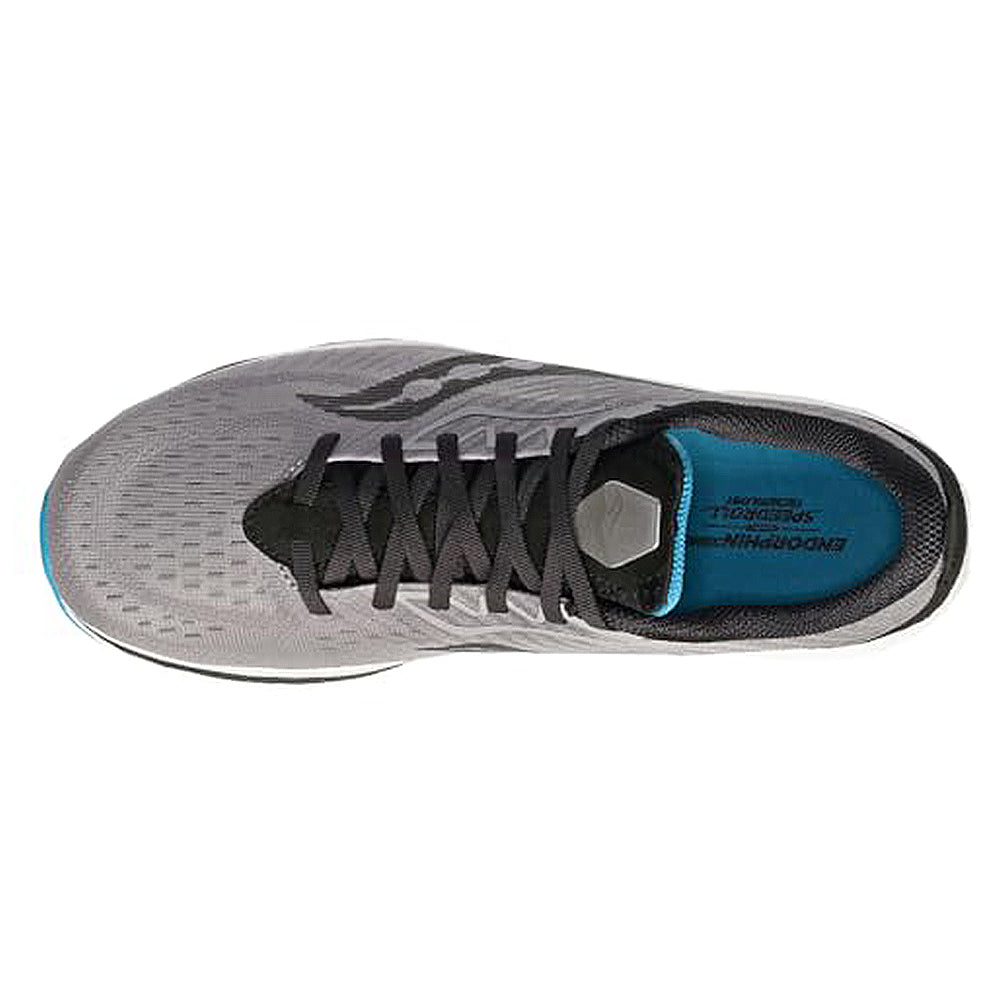 Top view of the Mens Saucony Endorphin Speed 2 Running Shoe, featuring black laces, a black logo, blue insole with printed text, mesh-like upper, and SPEEDROLL technology for a lightweight, performance-driven design.