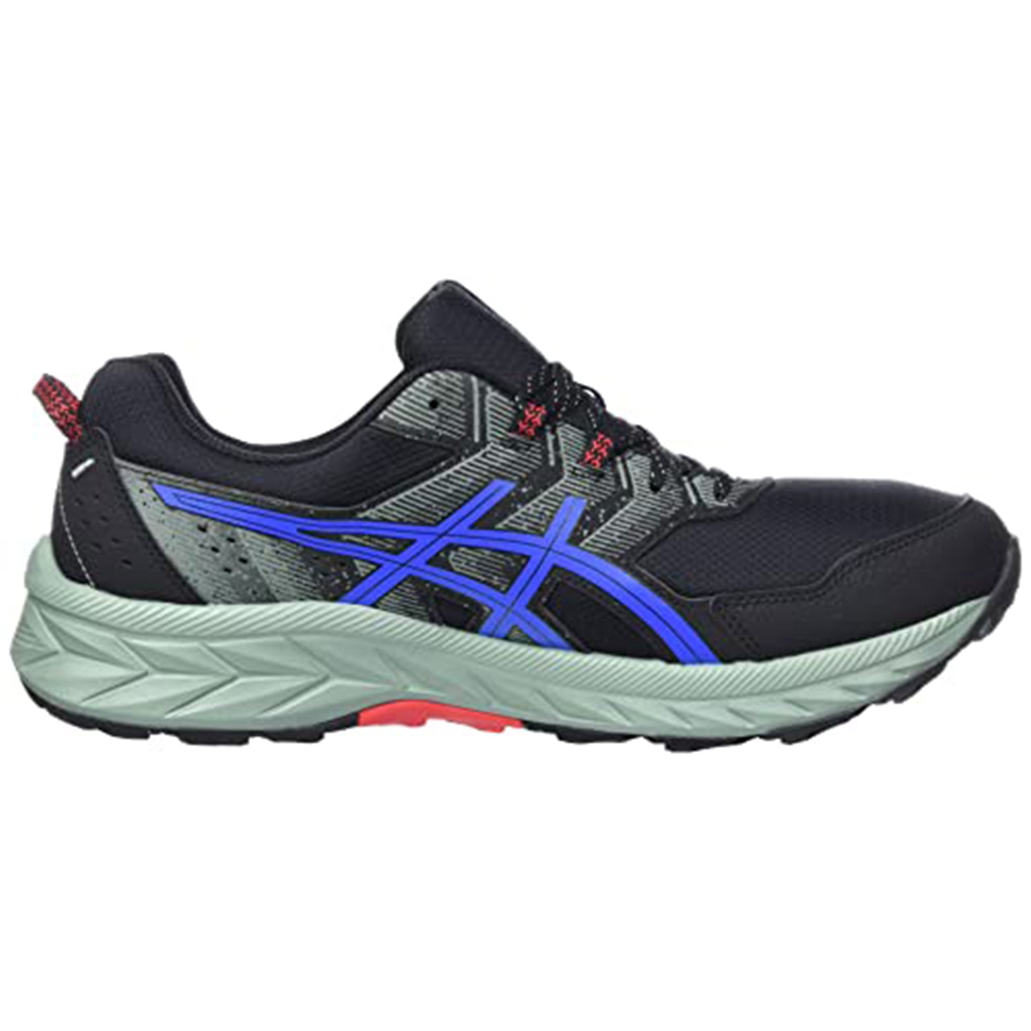 The ASICS Gel Venture 9 - Mens is a black and gray trail running shoe with a thick light green sole, blue accents, and a red detail on the heel loop, shown in a side view.