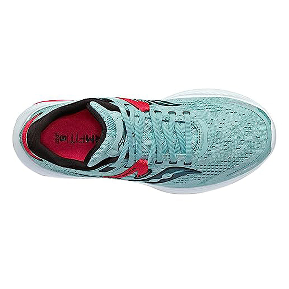 Top view of the Saucony Guide 16 Running Shoe - Womens in light blue with a white sole, black details, red accents and trim, cushioned support, light blue laces, and a dark interior lining.