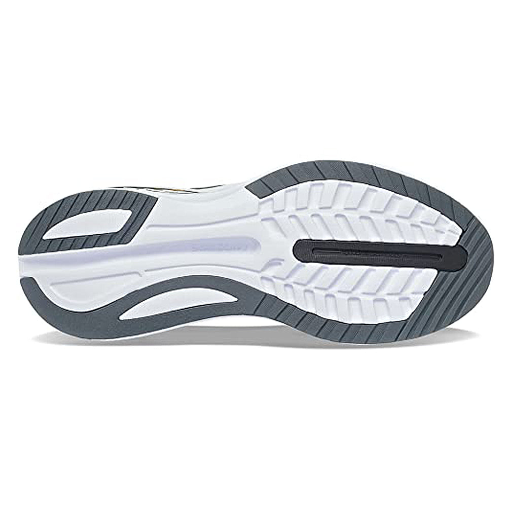 The image shows the sole of the Saucony Endorphin Shift 3 - Men, with white and dark gray rubber, a grooved pattern for traction, SPEEDROLL Technology, and a distinct black strip near the center.