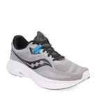 The Saucony Ride 15 - Men is a gray lightweight running shoe with black and blue accents, a mesh upper, black laces, cushioned white sole, and a black logo on the side.
