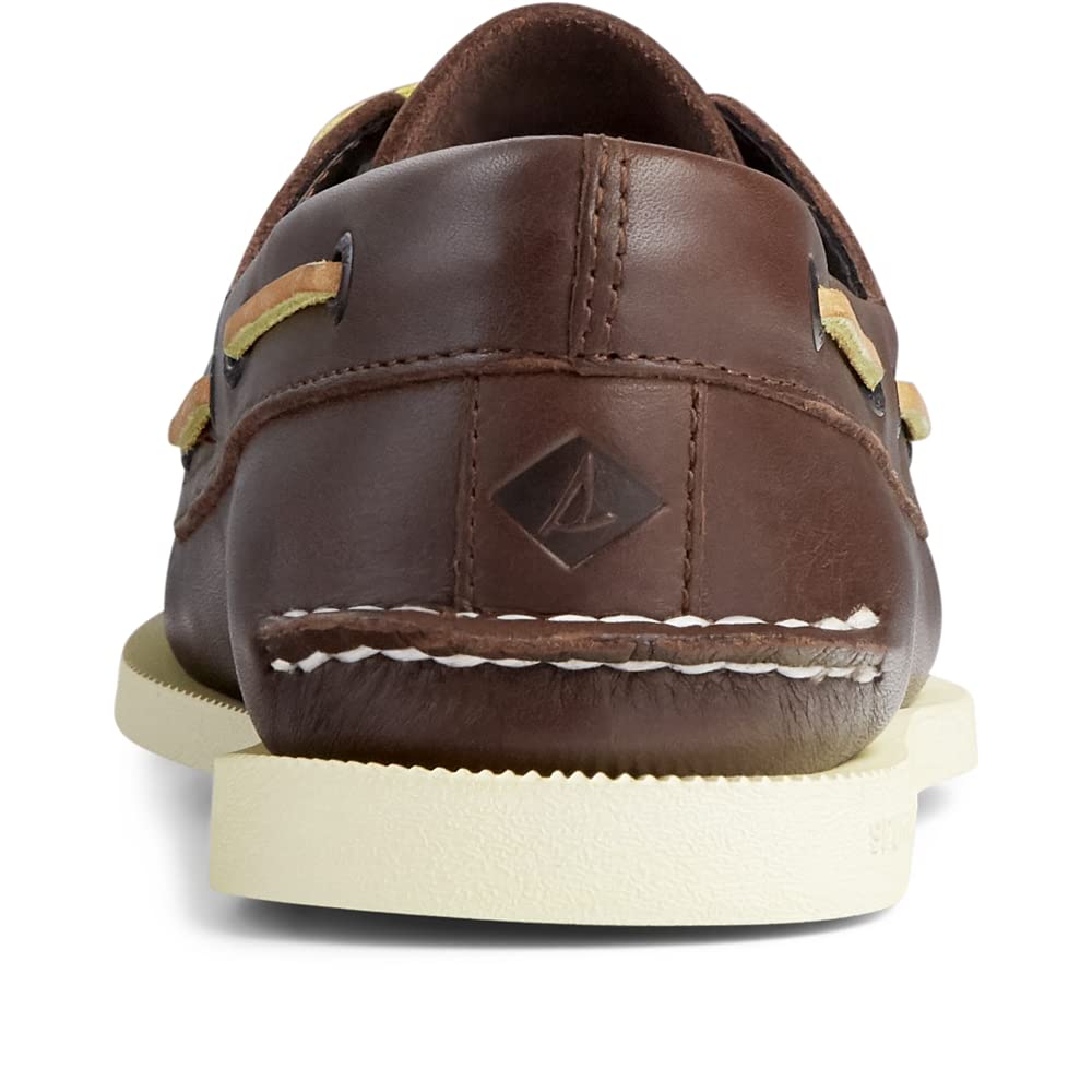 Rear view of the Sperry A/O 2-EYE LEATHER - Mens brown leather boat shoe, featuring white stitching, a cream-colored sole, and a small embossed Sperry logo on the heel.