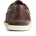 Rear view of the Sperry A/O 2-EYE LEATHER - Mens brown leather boat shoe, featuring white stitching, a cream-colored sole, and a small embossed Sperry logo on the heel.