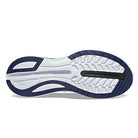 The image shows the sole of the Saucony Guide 16 Running Shoe - Mens, featuring a white base with navy blue and black tread patterns and flex grooves designed for grip, flexibility, and superior traction.