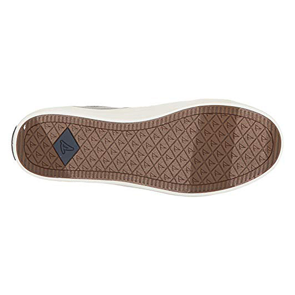 The image shows the brown, textured sole of the Sperry Crest Vibe - Womens sneaker, featuring a repeating triangular pattern and a small dark diamond shape near the heel, designed for comfort and arch support.