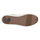 The image shows the brown, textured sole of the Sperry Crest Vibe - Womens sneaker, featuring a repeating triangular pattern and a small dark diamond shape near the heel, designed for comfort and arch support.