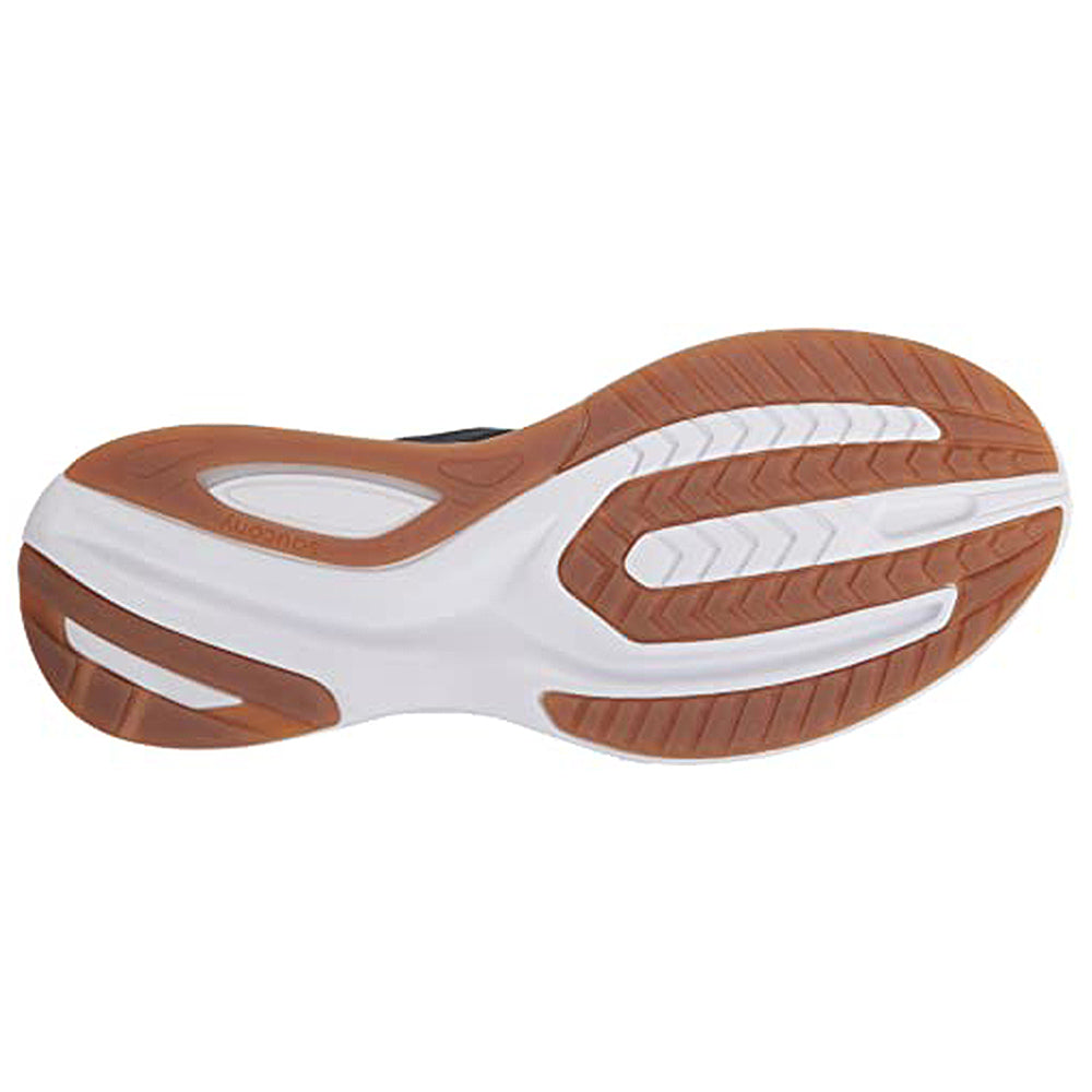 The image displays the Saucony Guide 15 - Men running shoe sole, highlighting its white cushioned midsole and brown and white rubber grip sections with grooved patterns for traction and lightweight support.