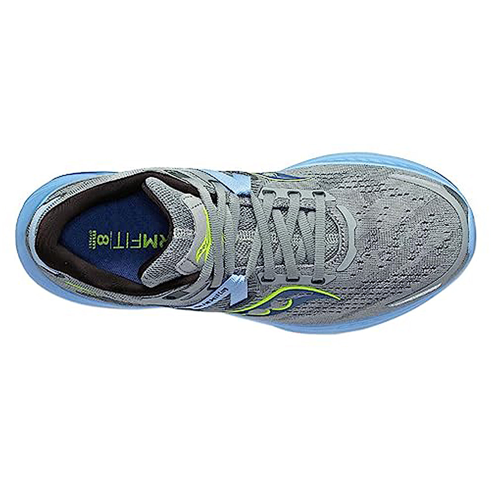 Top view of the Saucony Guide 16 Running Shoe - Womens in grey with light blue and neon yellow accents, grey laces, and a blue sole. The FORMFIT insole offers cushioned support, featuring SAUCONY branding for every run.