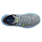 Top view of the Saucony Guide 16 Running Shoe - Womens in grey with light blue and neon yellow accents, grey laces, and a blue sole. The FORMFIT insole offers cushioned support, featuring SAUCONY branding for every run.