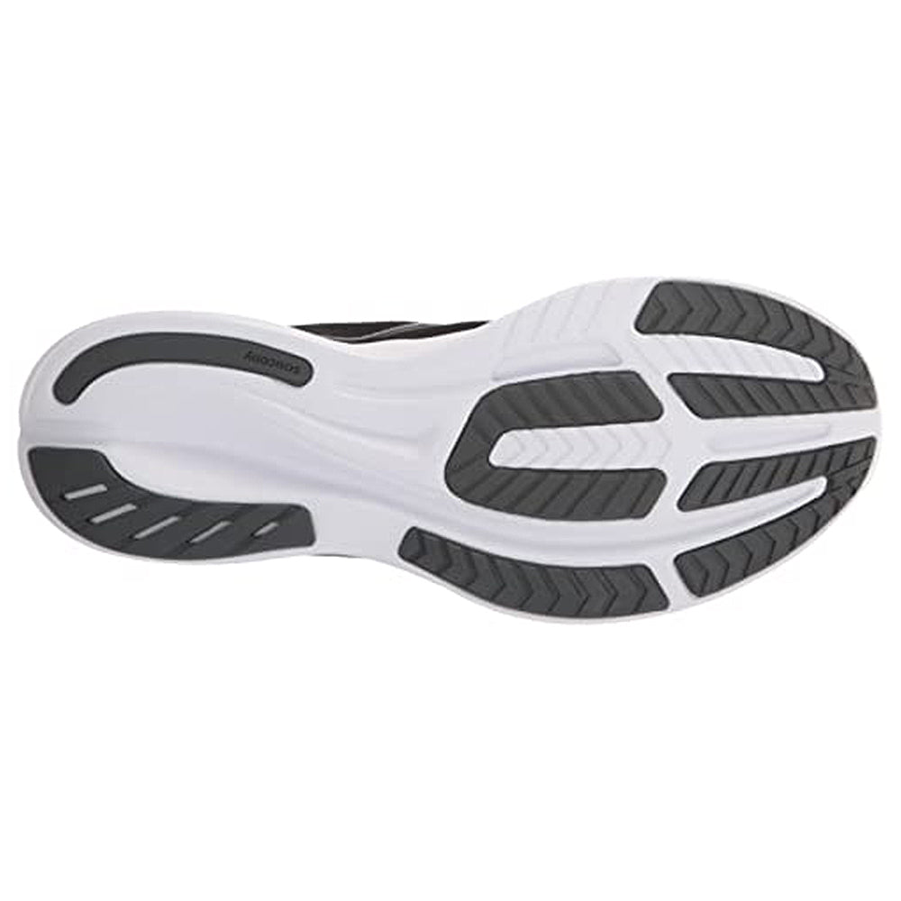 The image shows the white and black rubber sole of the Saucony Ride 15 - Men, a lightweight running shoe with textured grip patterns and grooves for enhanced traction.