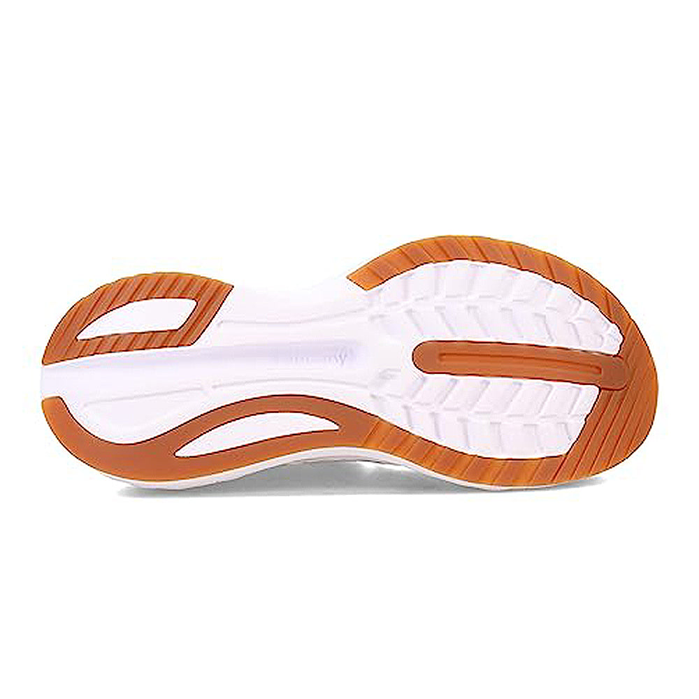 Sole view of the Saucony Guide 16 Running Shoe - Womens, showing a white base with brown-orange rubber traction patterns, grooves, and ridges for grip plus cushioned support.