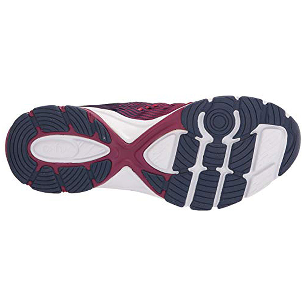 The image shows the sole of the Ryka Vivid RZX - Women, a cross-training water shoe with a tread pattern in dark blue, white, and maroon, featuring textured grooves and a central X design for traction and support.