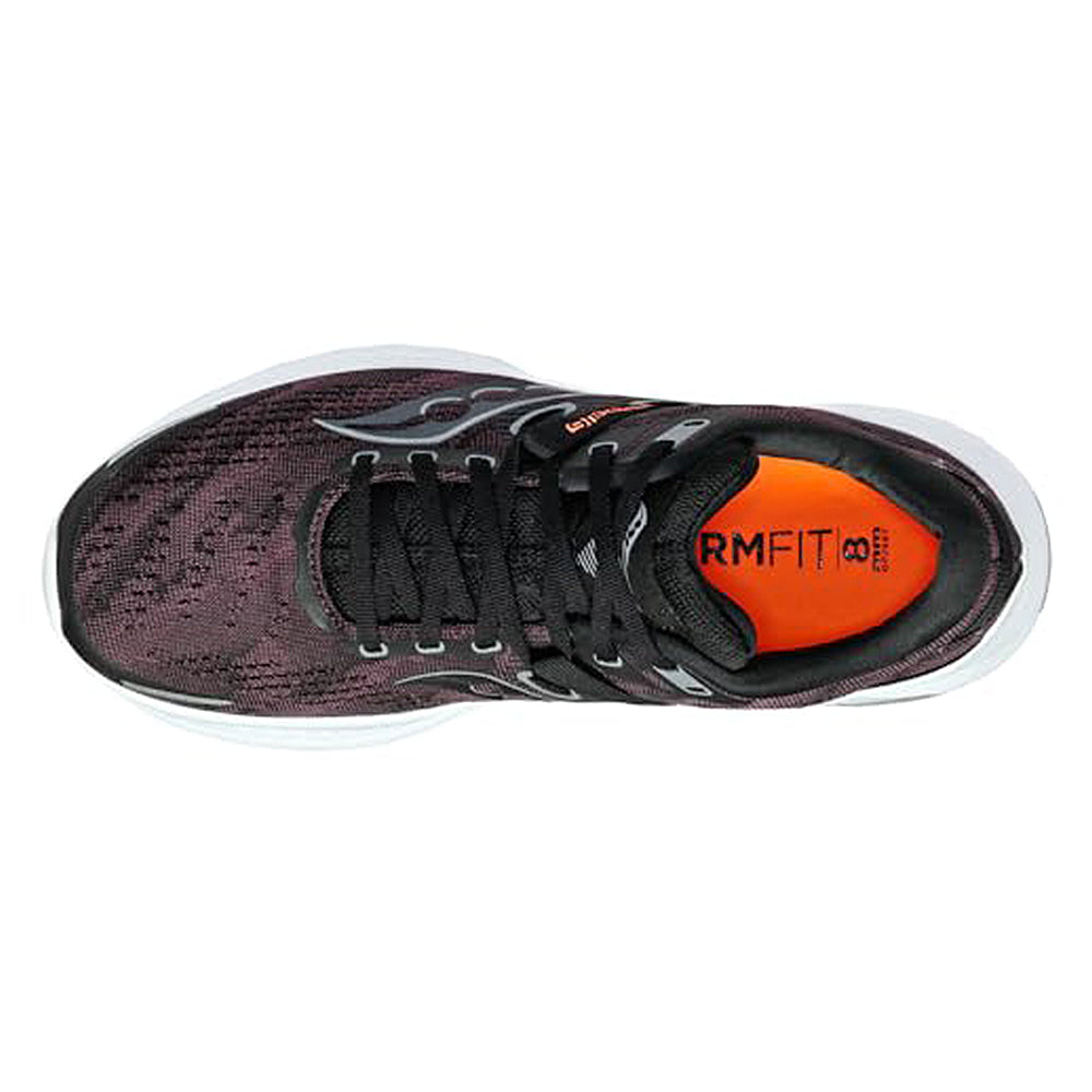Top view of the Saucony Guide 16 Running Shoe - Mens, featuring black and dark gray mesh for breathability, black laces, a white sole, and an orange FORMFIT insole. This cushioned shoe delivers comfort and support for runs.