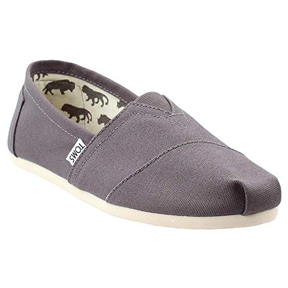 A single gray TOMS Alpargata ESP slip-on for women with a white sole, black animal silhouette lining, and TOMS tag. Each purchase supports someone in need through TOMS buy one give one model.