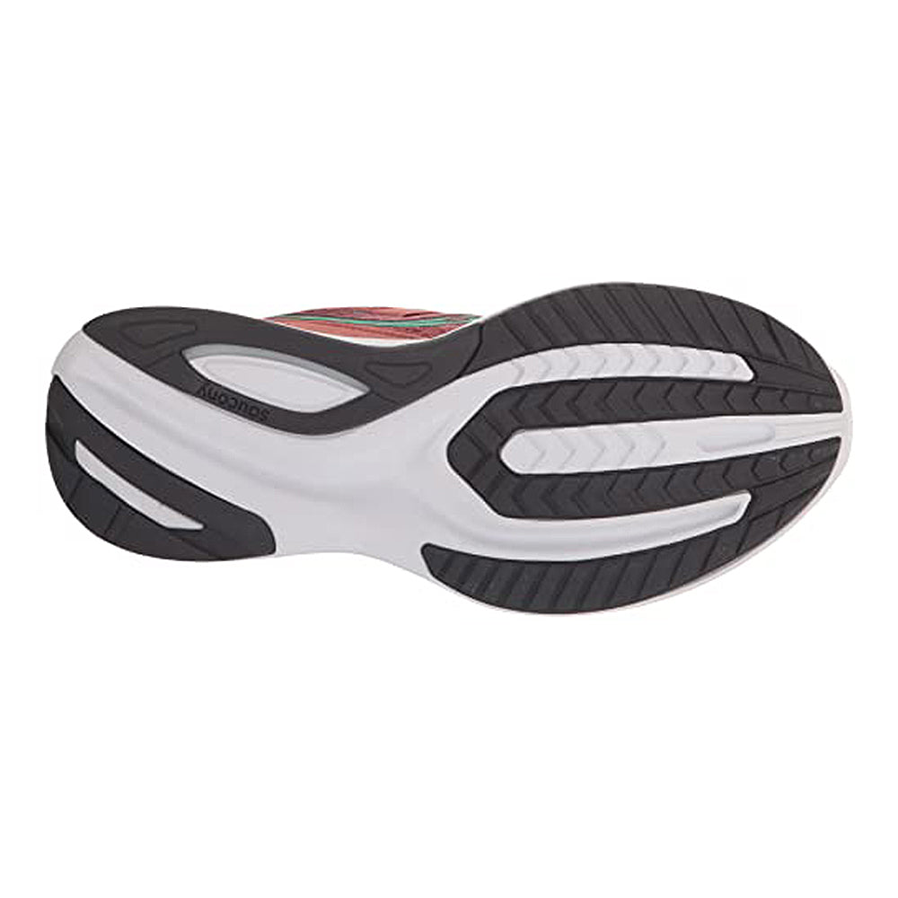 The image displays the sole of the Saucony Womens Guide 16 Running Shoe, with black, white, and gray rubber tread in a curved pattern designed to provide traction, flexibility, and cushioned support.