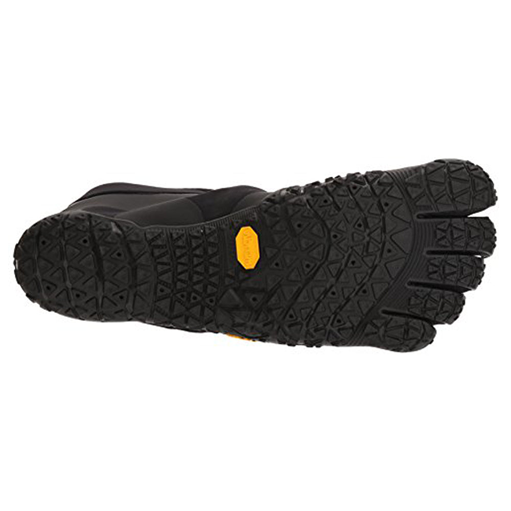The image displays the black Vibram Rubber sole of the Vibram FiveFingers Five Fingers V-Alpha - Men, featuring textured grip patterns, a small yellow logo by the arch, and distinct individual toe sections for ground sensory feedback.