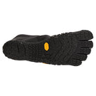 The image displays the black Vibram Rubber sole of the Vibram FiveFingers Five Fingers V-Alpha - Men, featuring textured grip patterns, a small yellow logo by the arch, and distinct individual toe sections for ground sensory feedback.