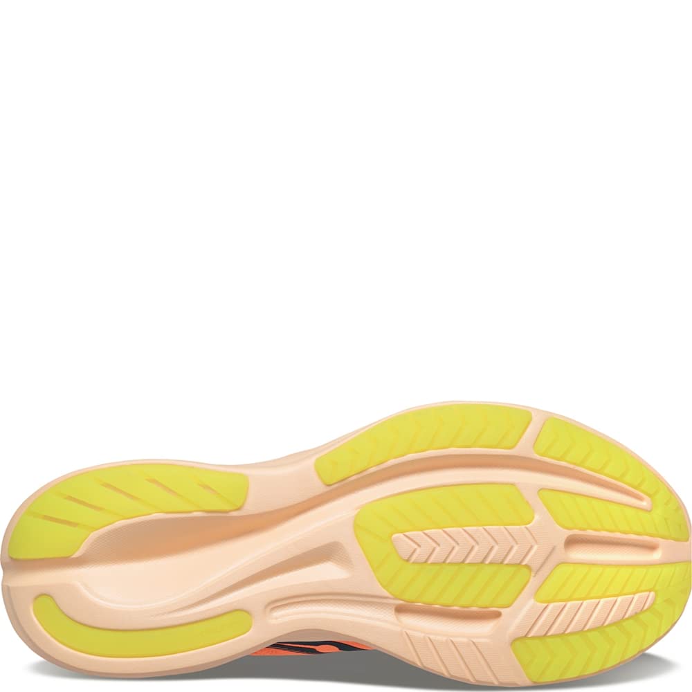 The image features the sole of the Saucony Ride 15 - Womens running shoe, mainly beige with yellow rubber grip sections and textured tread for traction. The curved toe and heel and PWRRUN cushioning boost comfort.