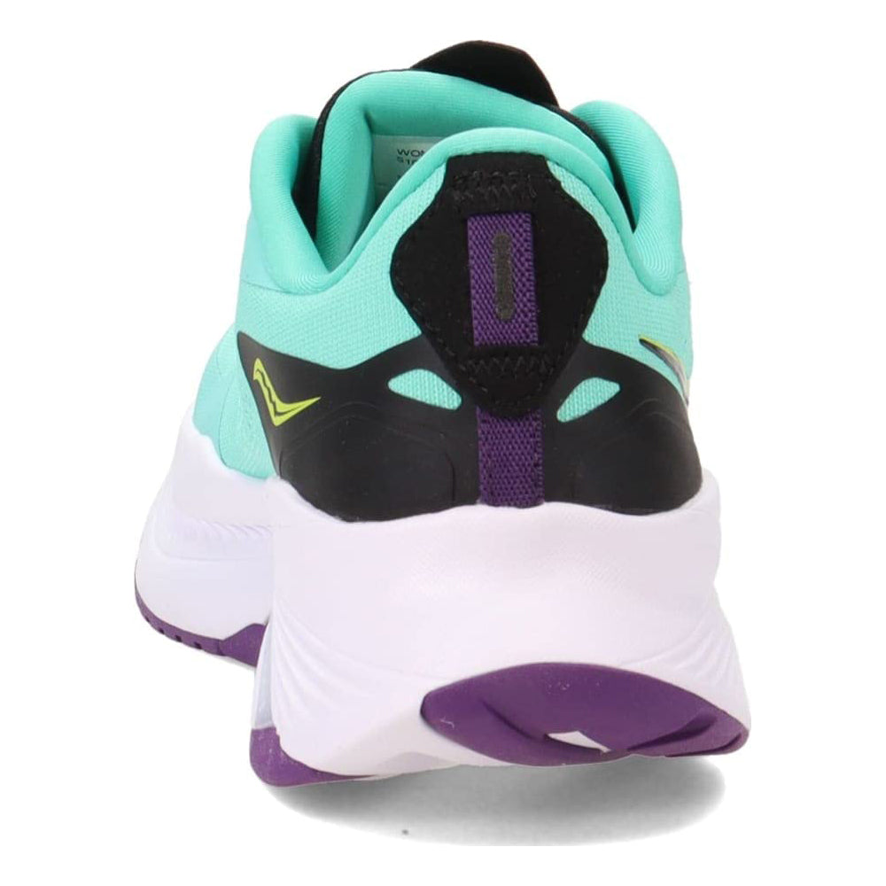 A rear view of the Saucony Guide 15 - Womens running shoe in teal with black, yellow, and purple accents, featuring cushioned support in the white midsole and a purple outsole.