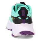 A rear view of the Saucony Guide 15 - Womens running shoe in teal with black, yellow, and purple accents, featuring cushioned support in the white midsole and a purple outsole.