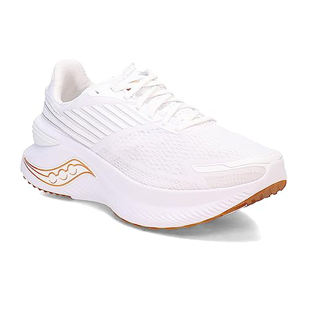 The Saucony Endorphin Shift 3 Running Shoe for men features a thick sole, subtle mesh details, tan accents on the outsole and side, PWRRUN foam cushioning, white laces, and a sleek modern design.