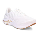 The Saucony Endorphin Shift 3 Running Shoe for men features a thick sole, subtle mesh details, tan accents on the outsole and side, PWRRUN foam cushioning, white laces, and a sleek modern design.