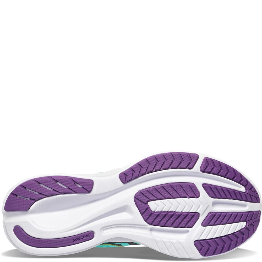 Close-up of the Saucony Ride 15 - Womens running shoe sole, showing a white base with purple and black traction. PWRRUN cushioning ensures comfort and support, with the Saucony logo on the left side.