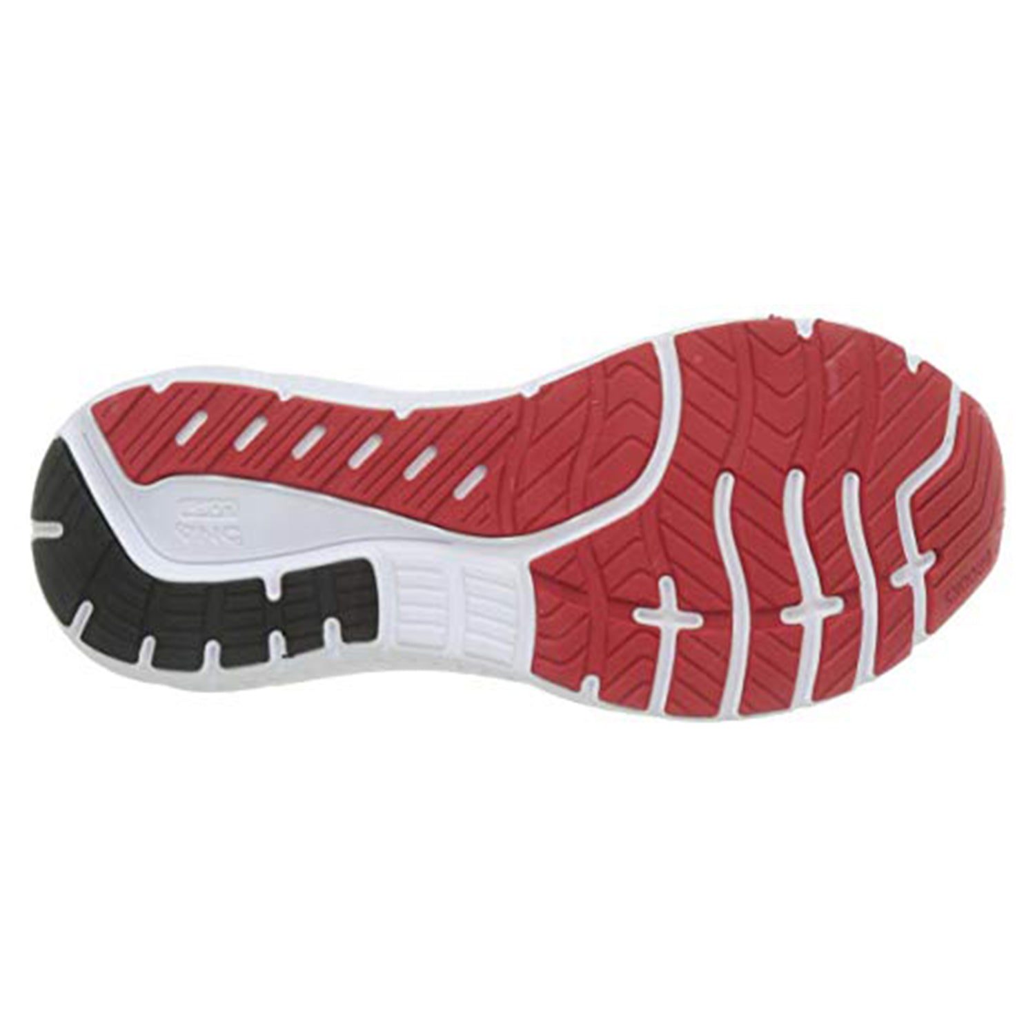 The image shows the bottom view of the Brooks Transcend 7 - Men running shoe, featuring a red and black tread pattern with white grooves for enhanced traction, flexibility, and cushioned support.