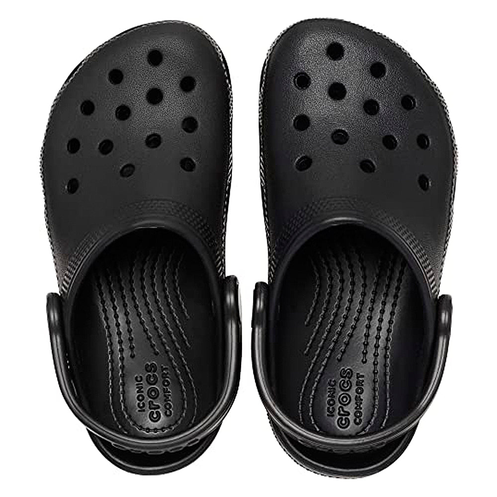 A pair of Crocs Classic Clog - Kids shoes in black, featuring ventilation holes and adjustable heel straps—ideal for all-day comfort and style for children.