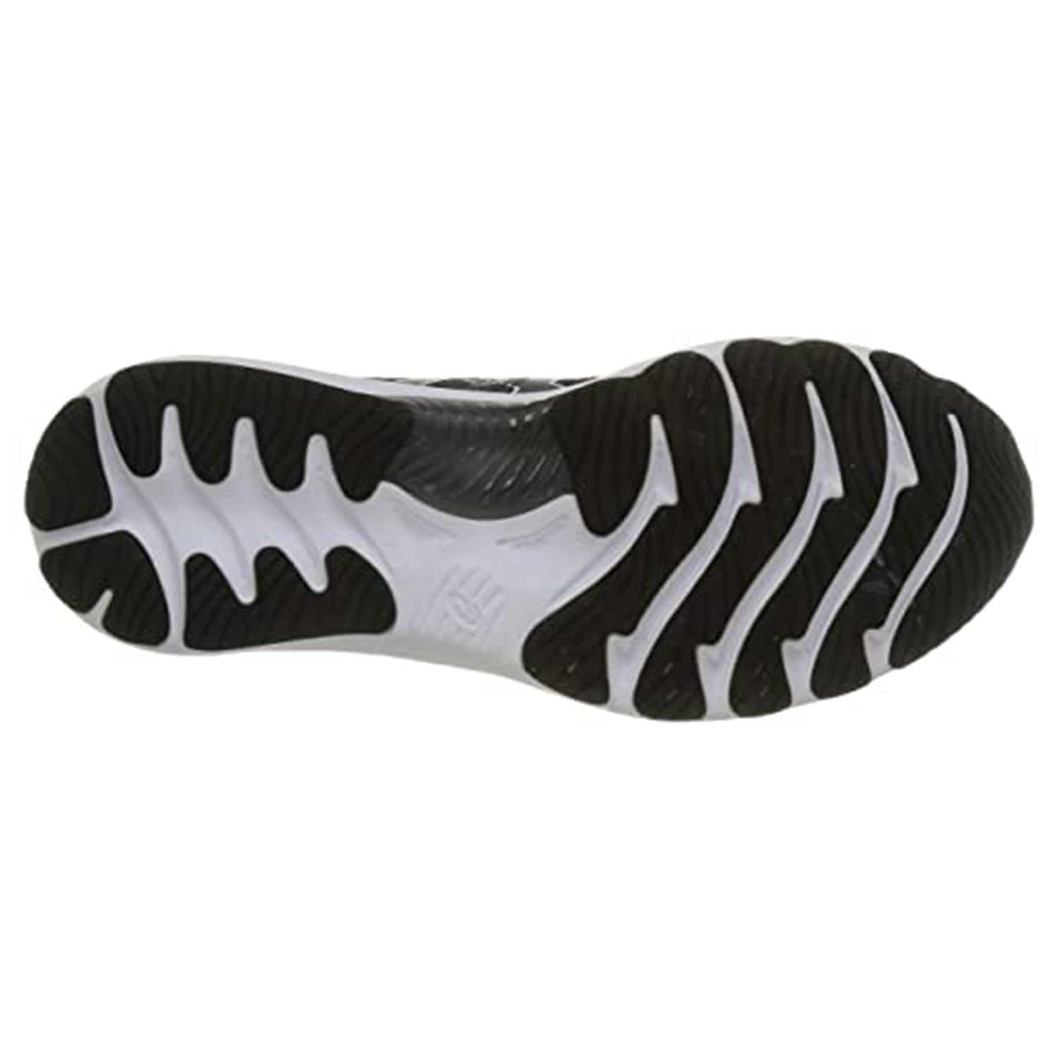 The image displays the sole of the ASICS Nimbus 23 - Mens shoe, featuring a black and white wavy tread pattern with curvy grooves for enhanced grip, support, and shock absorption.