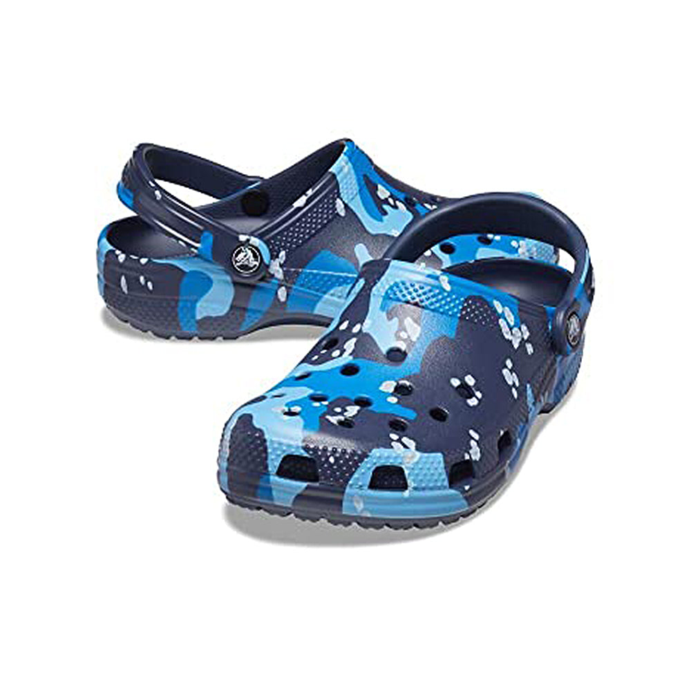 A pair of Crocs Classic Camo Clog - Unisex slip-on shoes with adjustable heel straps are displayed on a white background.