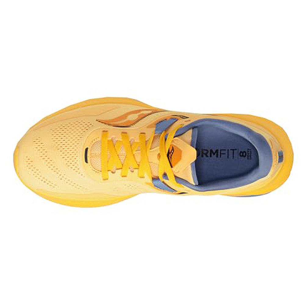 Top view of the Saucony Guide 15 - Womens running shoe in yellow with orange and blue accents, lace-up closure, breathable perforations, cushioned support, and FORMFIT-branded insole.