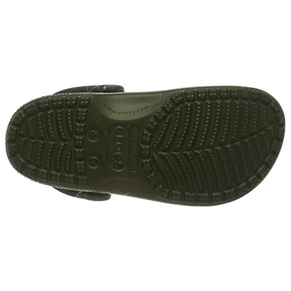 The image shows the sole of the Crocs Classic Camo Clog - Unisex, featuring a textured, non-slip tread and the Crocs logo molded in the center. These slip-on shoes offer comfort for any setting.